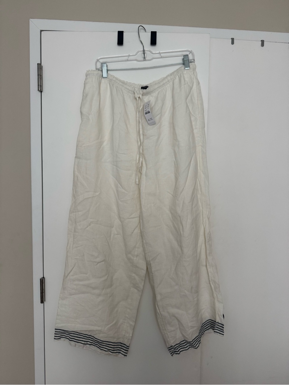 J. Crew Cream Drawstring Linen-Blend Pants with Striped Hem